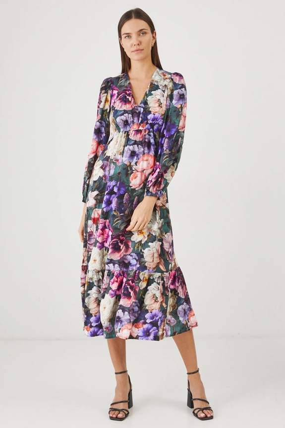 Sukienka damska maxi z wiskozy w kwiaty kolor multicolor rozkloszowany multicolor RS25-SUD303