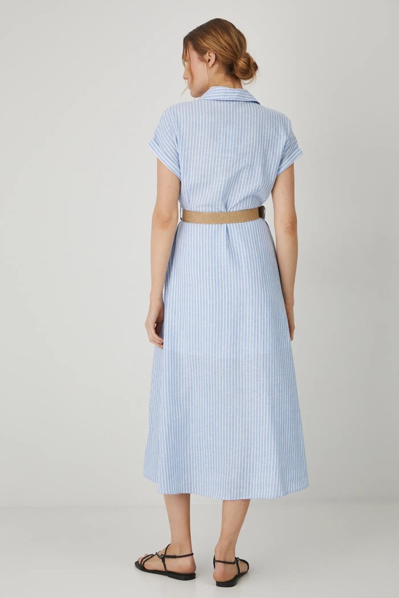Sukienka z lnem damska midi z paskiem kolor niebieski RS25-SUD705 niebieski RS25