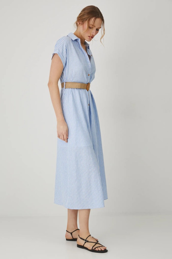Odzież Sukienka z lnem damska midi z paskiem kolor niebieski RS25-SUD705 niebieski