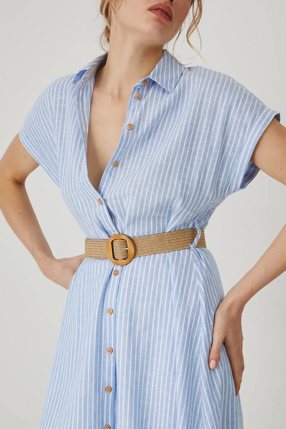 Sukienka z lnem damska midi z paskiem kolor niebieski RS25-SUD705 niebieski