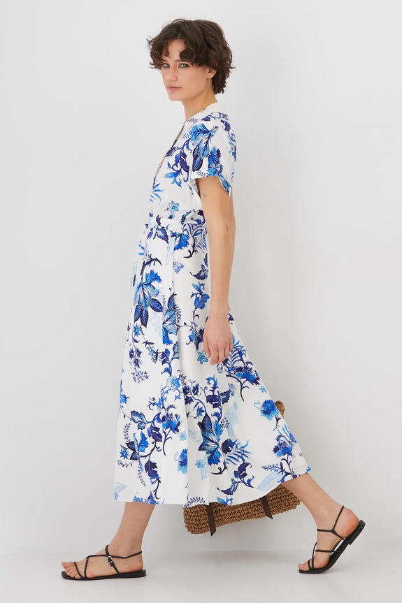 Sukienka z domieszką lnu damska midi z paskiem wzorzysta kolor biały midi biały RS25-SUD712