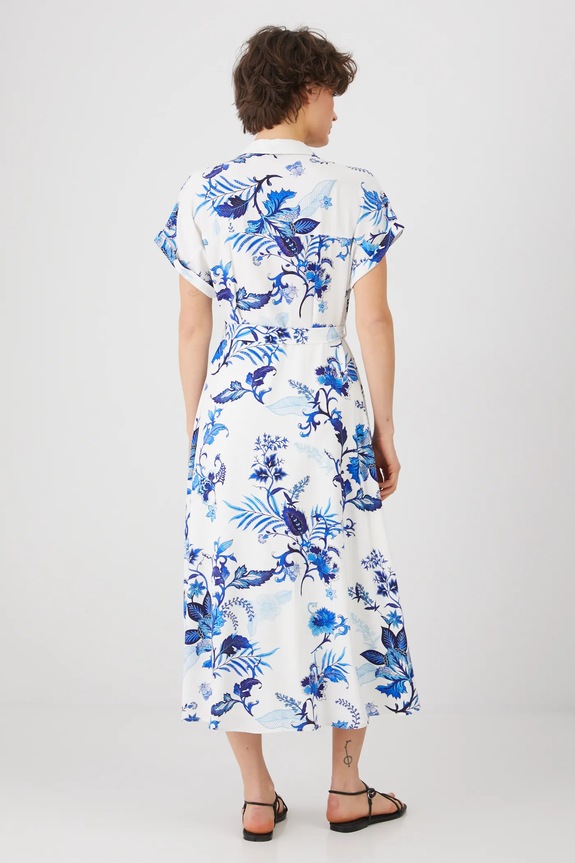 Odzież Sukienka z domieszką lnu damska midi z paskiem wzorzysta kolor biały RS25-SUD712 biały