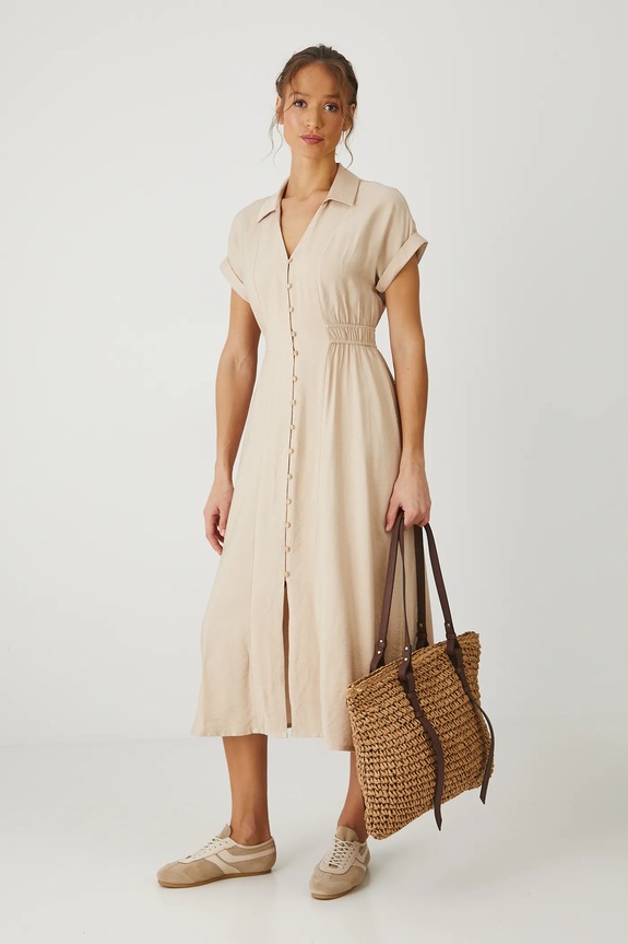 Šaty midi, hladký povrch béžová barva RS25-SUD800