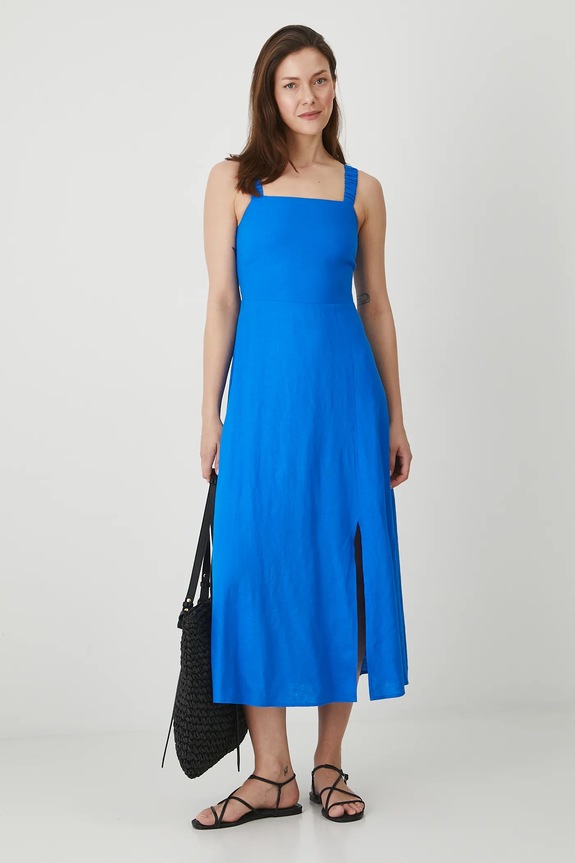Sukienka z lnem damska midi gładka kolor niebieski RS25-SUD900 niebieski RS25