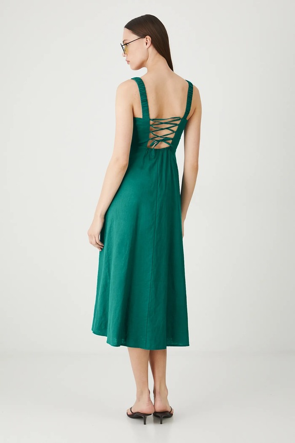 Odzież Sukienka z lnem damska midi gładka kolor zielony RS25-SUD900 zielony