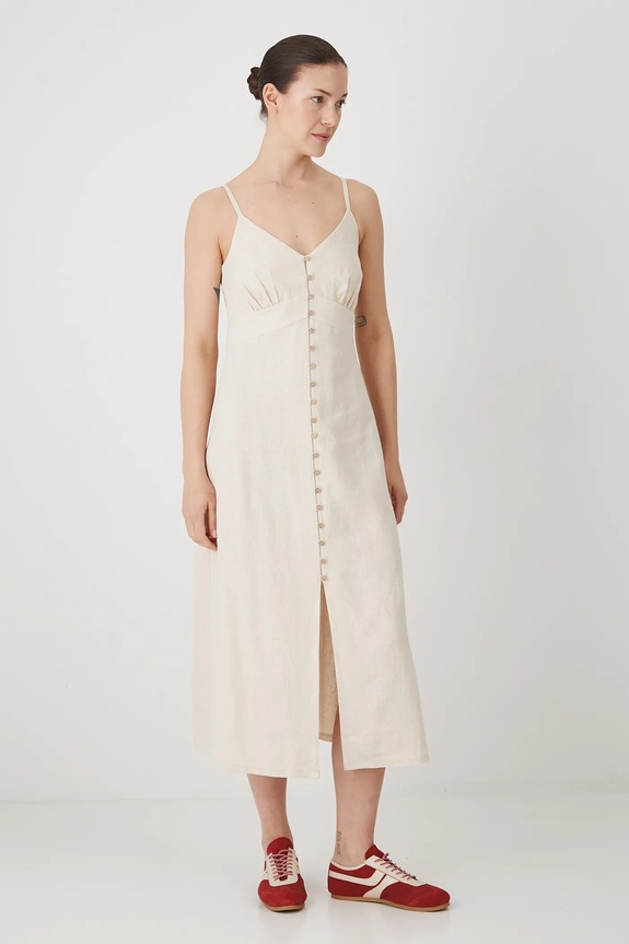 Odzież Sukienka z lnem damska midi gładka kolor beżowy RS25-SUD906 beżowy