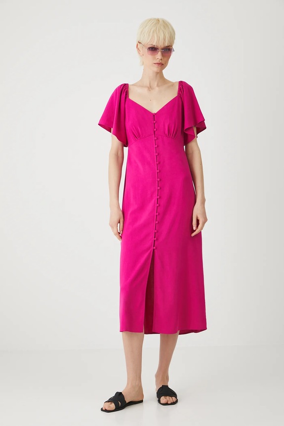 Šaty s prímesou ľanu midi hladká ružová farba midi ružová RS25-SUDA07