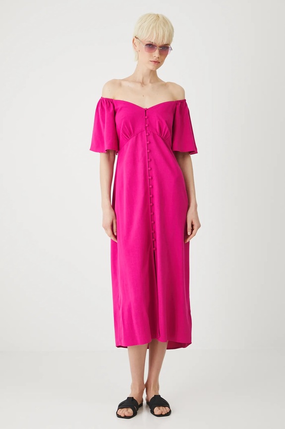 Šaty s prímesou ľanu midi hladká ružová farba RS25-SUDA07 ružová RS25