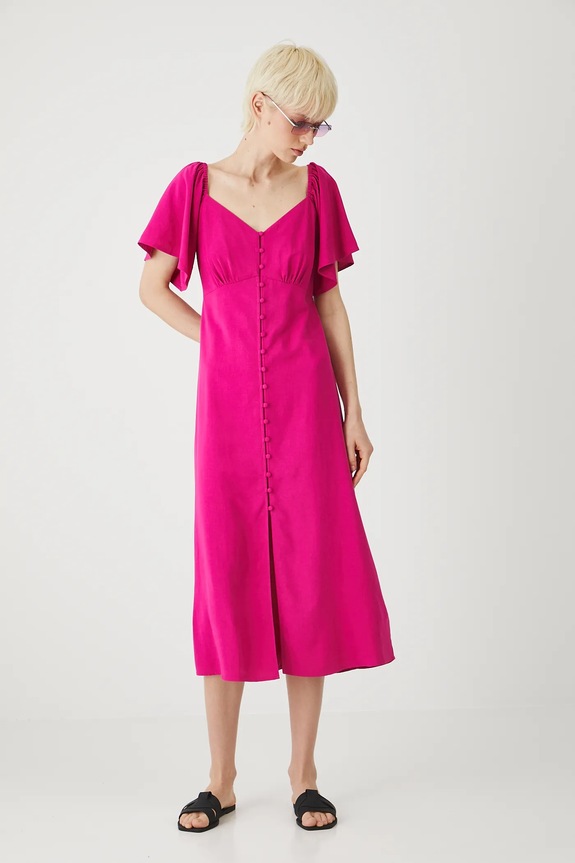 Šaty s prímesou ľanu midi hladká ružová farba ružová RS25-SUDA07
