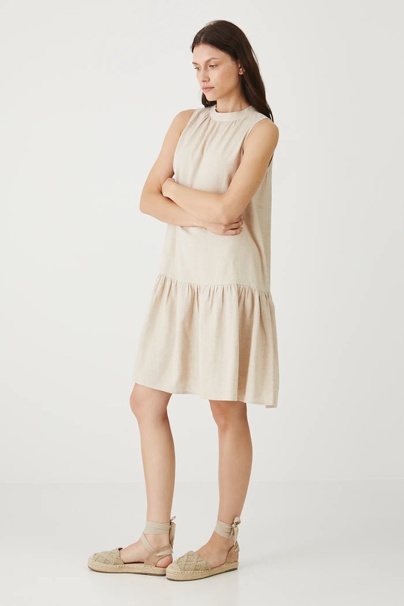 Ľanové šaty mini hladká béžová farba okrúhly béžová RS25-SUDB00