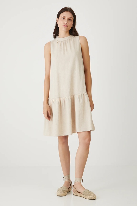 Ľanové šaty mini hladká béžová farba RS25-SUDB00 béžová RS25