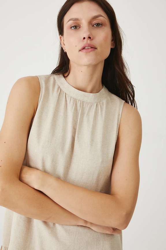 Ľanové šaty mini hladká béžová farba béžová RS25-SUDB00