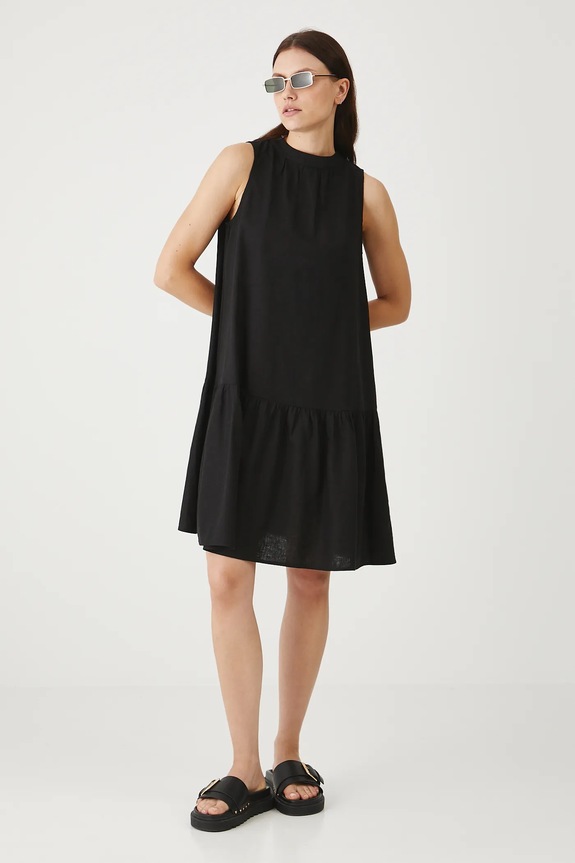 Ľanové šaty mini hladká čierna farba okrúhly čierna RS25-SUDB00