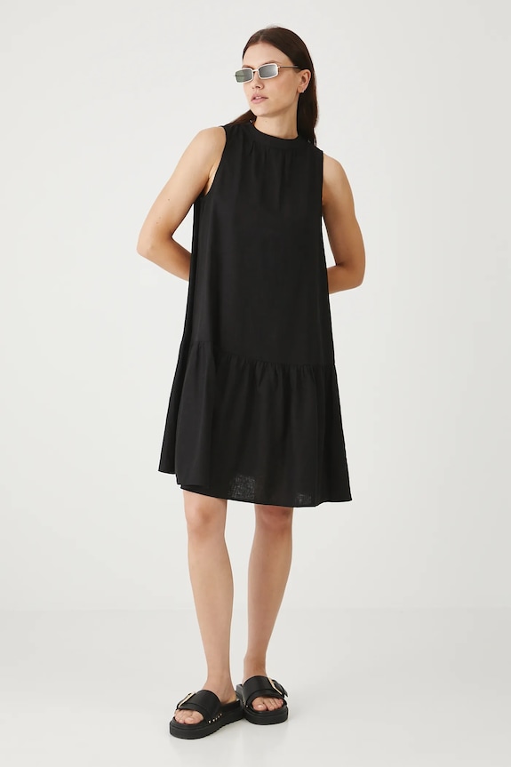 Ľanové šaty mini hladká čierna farba okrúhly čierna RS25-SUDB00