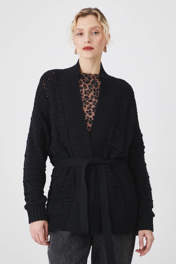 Kardigan damski z paskiem ażurowy kolor czarny pozostałe czarny RS25.SWD200