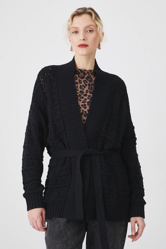 Kardigan damski z paskiem ażurowy kolor czarny pozostałe czarny RS25.SWD200