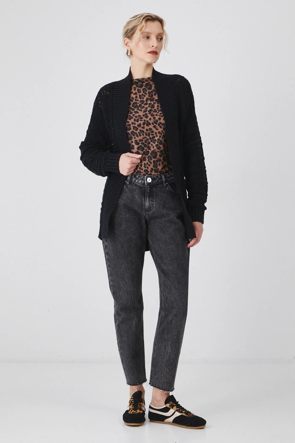 Kardigan damski z paskiem ażurowy kolor czarny RS25.SWD200 czarny RS25