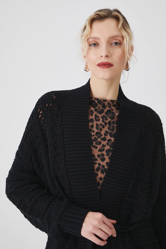 Kardigan damski z paskiem ażurowy kolor czarny czarny RS25.SWD200