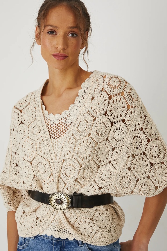 Odzież Kardigan damski ażurowy kolor beżowy RS25-SWD800 beżowy