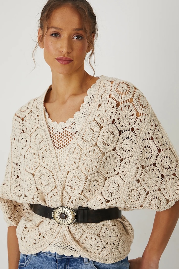 Odzież Kardigan damski ażurowy kolor beżowy RS25-SWD800 beżowy