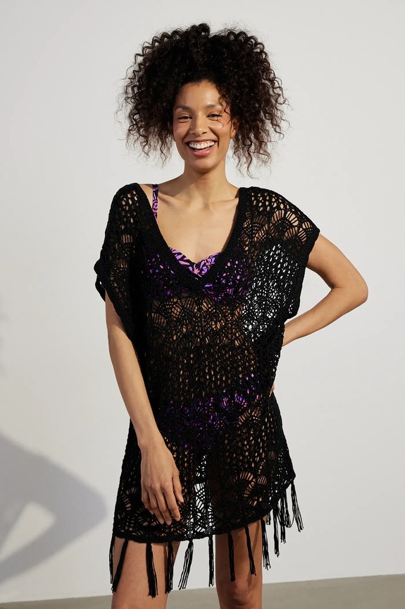 Narzutka plażowa damska ażurowa kolor czarny czarny RS25-SYD702