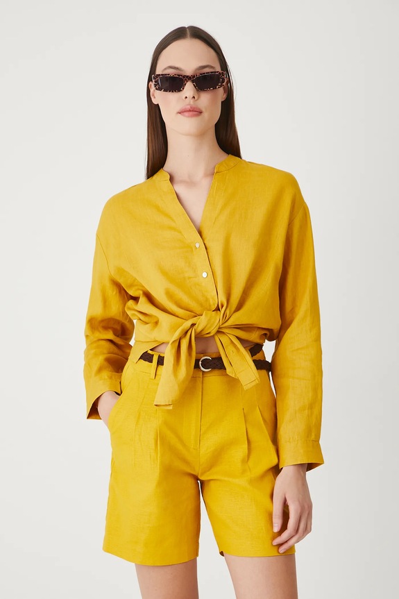 Szorty z lnem damskie z paskiem gładkie kolor żółty tkanina żółty RS25-SZD093