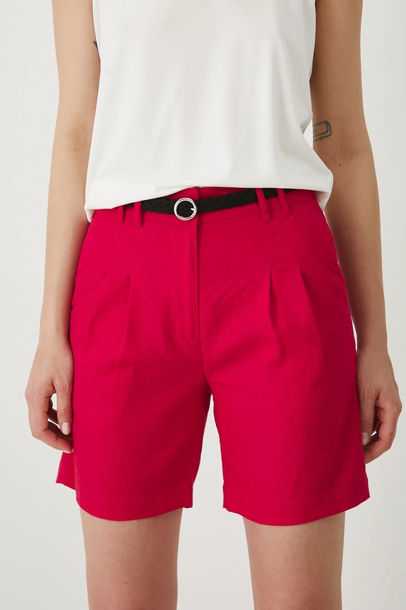 Szorty z lnem damskie z paskiem gładkie kolor czerwony RS25-SZD093 czerwony RS25