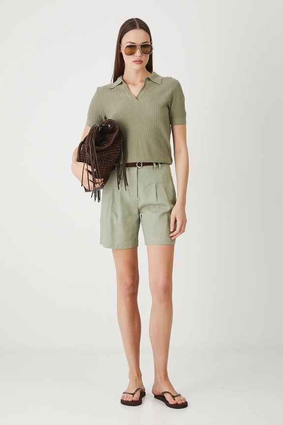 Szorty z lnem damskie z paskiem gładkie kolor zielony RS25-SZD093 zielony RS25