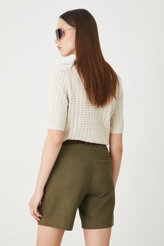 Odzież Szorty z lnem damskie z paskiem gładkie kolor zielony RS25-SZD093 zielony