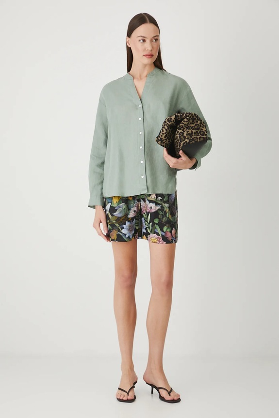 Szorty z lnem damskie z paskiem wzorzyste kolor czarny RS25-SZD900 czarny RS25