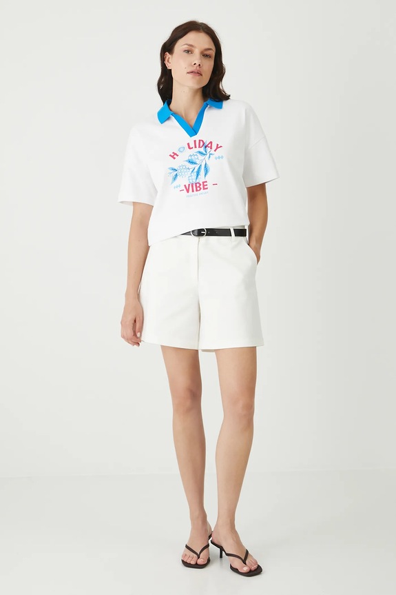 Szorty bawełniane damskie z elastanem z paskiem kolor biały tkanina biały RS25-SZDB00