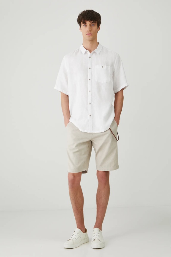 Szorty z lnem męskie regular melanżowe kolor beżowy RS25-SZM072 beżowy RS25