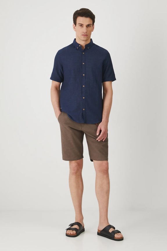 Szorty z lnem męskie regular melanżowe kolor brązowy len brązowy RS25-SZM072