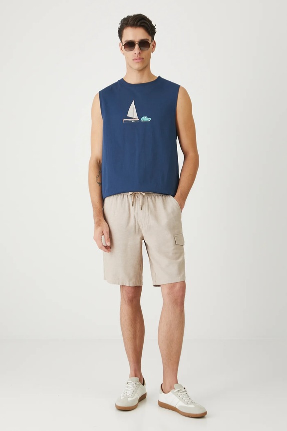 Szorty z lnem męskie z kieszeniami cargo kolor beżowy tkanina beżowy RS25-SZMB10