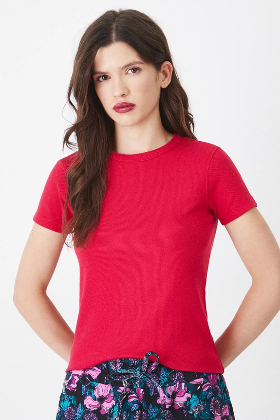 T-shirt damski prążkowany z modalem kolor czerwony gładkie czerwony RS25-TSD010