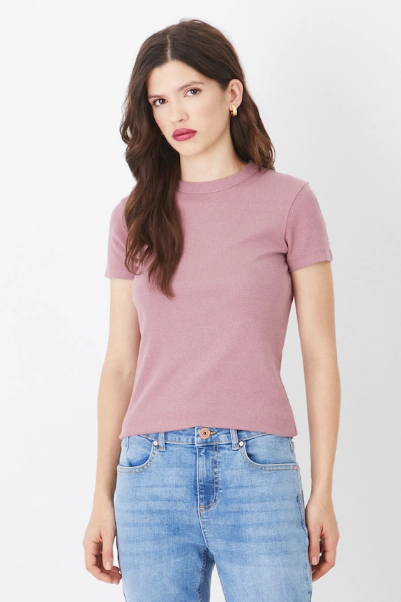T-shirt damski prążkowany z modalem kolor różowy gładkie różowy RS25-TSD010