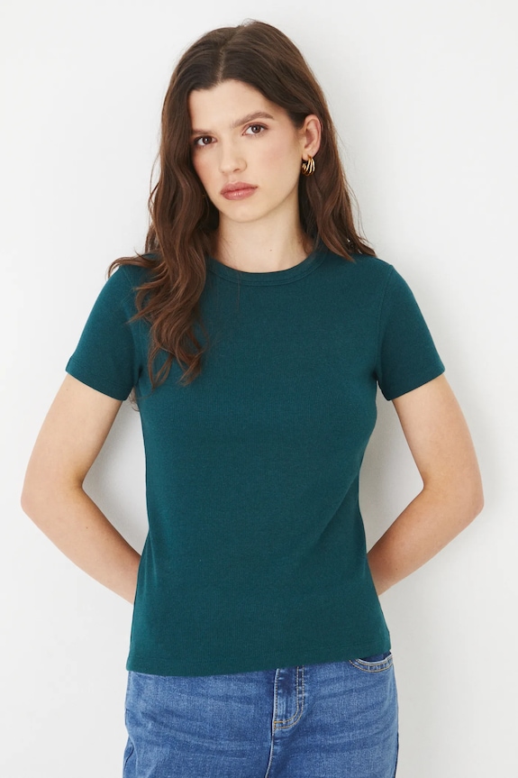 T-shirt damski prążkowany z modalem kolor zielony turkusowy RS25-TSD010