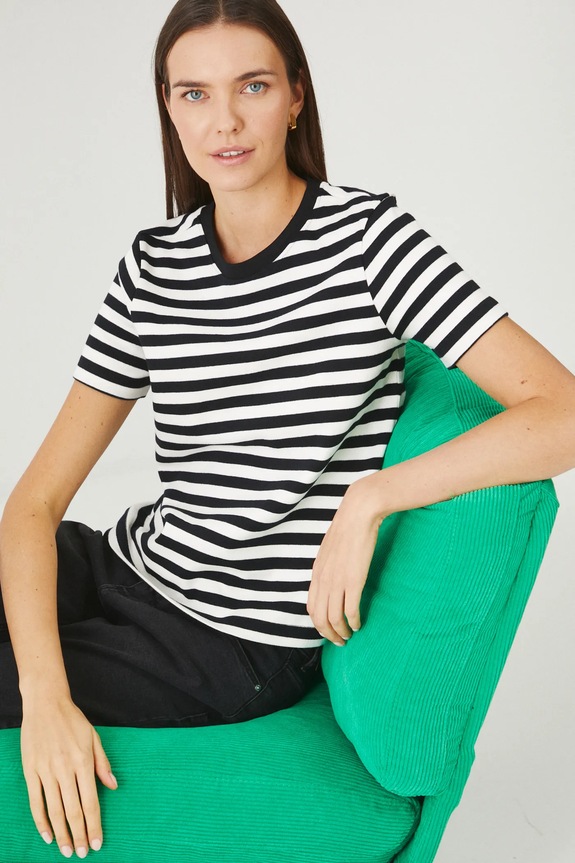 T-shirt bawełniany damski w pasy interlock kolor czarny bawełna czarny RS25-TSD030