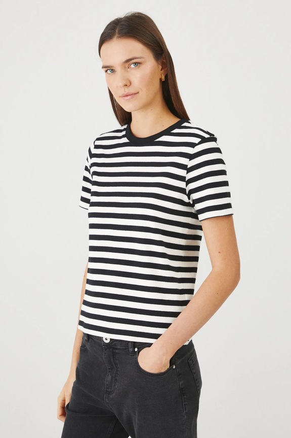 T-shirt bawełniany damski w pasy interlock kolor czarny czarny RS25-TSD030