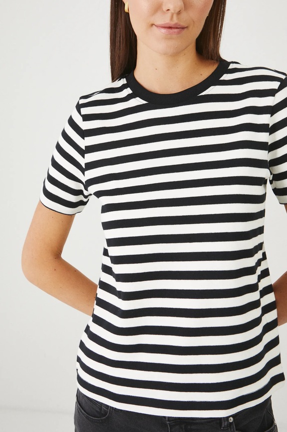 T-shirt bawełniany damski w pasy interlock kolor czarny RS25-TSD030