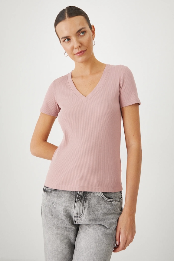 T-shirt bawełniany damski z elastanem prążkowany kolor różowy z elastanem różowy RS25-TSD031