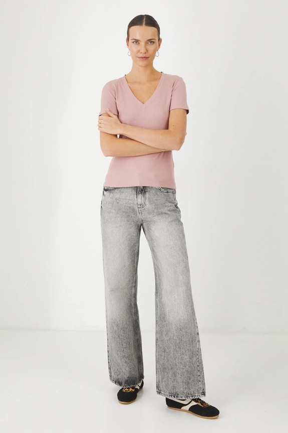 T-shirt bawełniany damski z elastanem prążkowany kolor różowy RS25-TSD031 różowy RS25