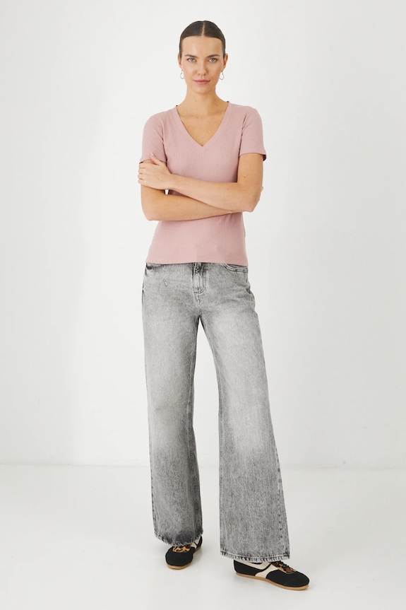 T-shirt bawełniany damski z elastanem prążkowany kolor różowy RS25-TSD031 różowy RS25