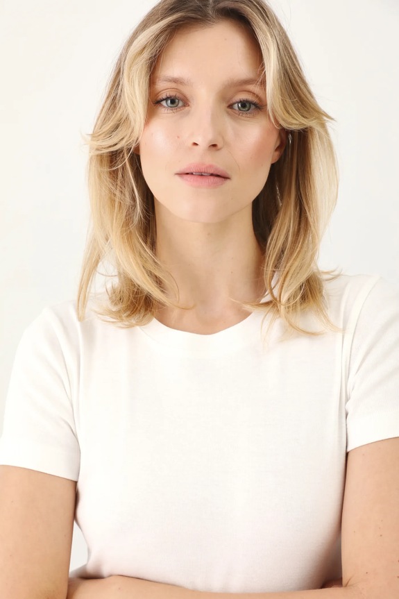 T-shirt bawełniany damski prążkowany kolor beżowy beżowy RS25-TSD053