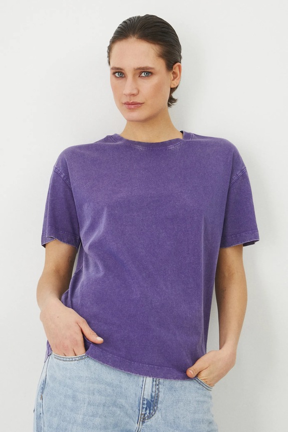 T-shirt bawełniany damski z efektem sprania kolor fioletowy bawełna fioletowy RS25-TSD060