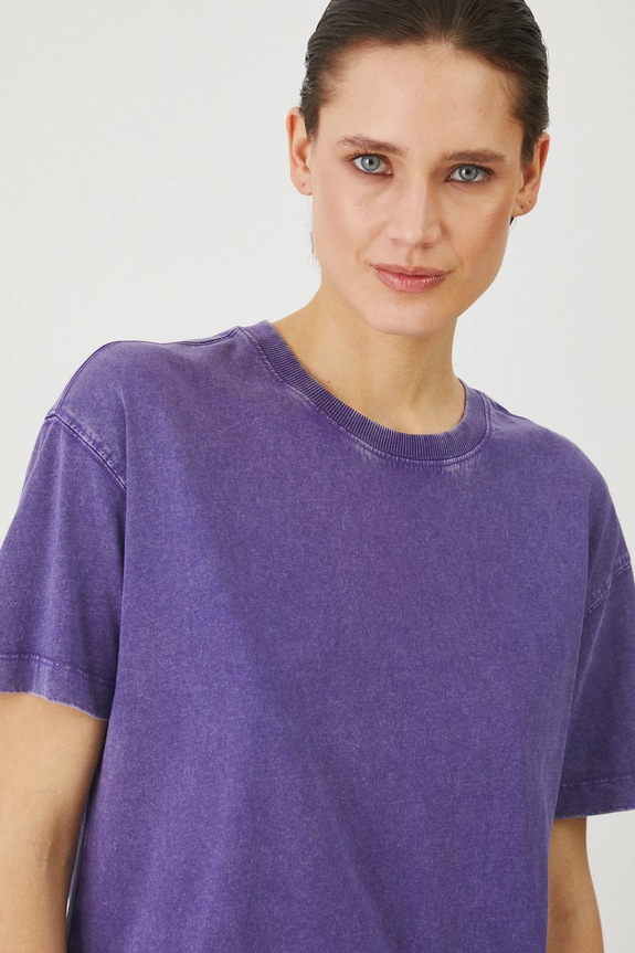 T-shirt bawełniany damski z efektem sprania kolor fioletowy fioletowy RS25-TSD060