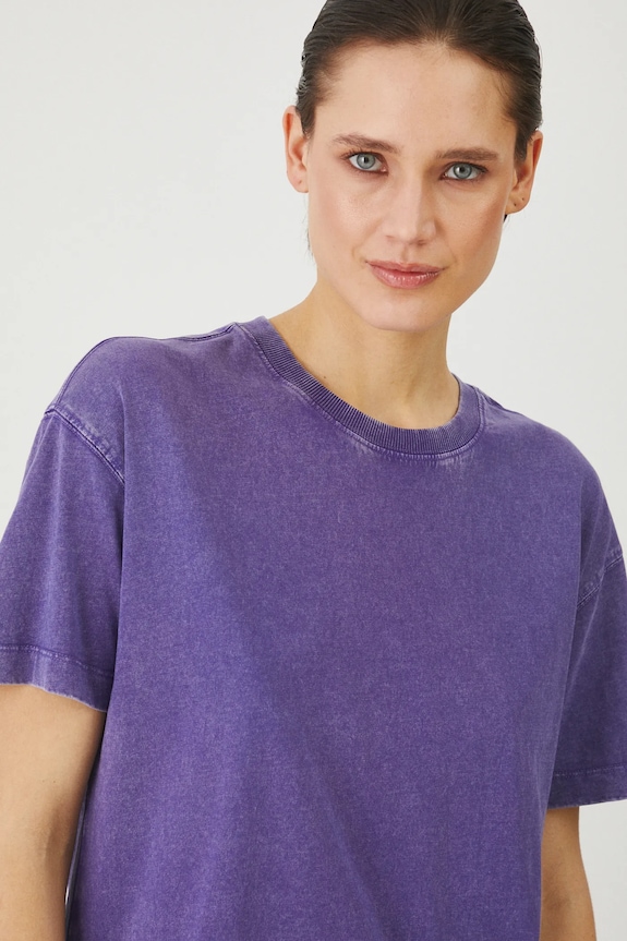 T-shirt bawełniany damski z efektem sprania kolor fioletowy fioletowy RS25-TSD060