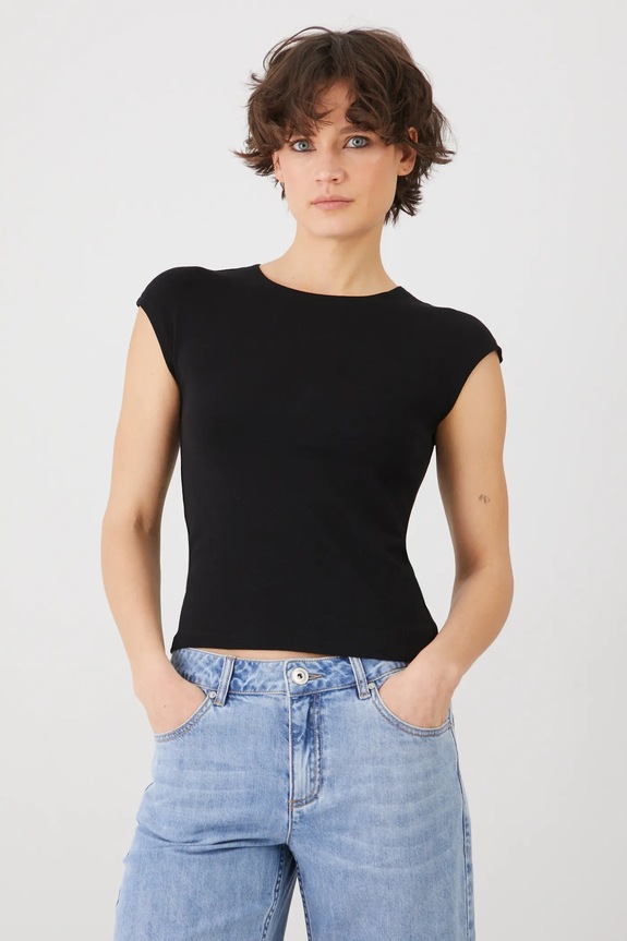 T-shirt damski gładki z modalem kolor czarny czarny RS25-TSD070