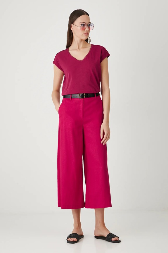 T-shirt bawełniany damski z ozdobnymi wstawkami kolor czerwony RS25-TSD090 czerwony RS25