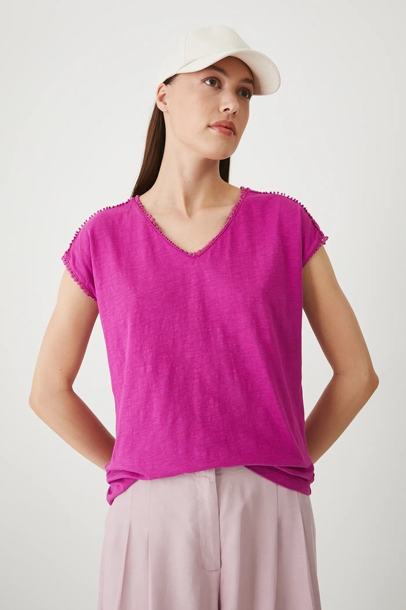 T-shirt bawełniany damski z ozdobnymi wstawkami kolor fioletowy fioletowy RS25-TSD090